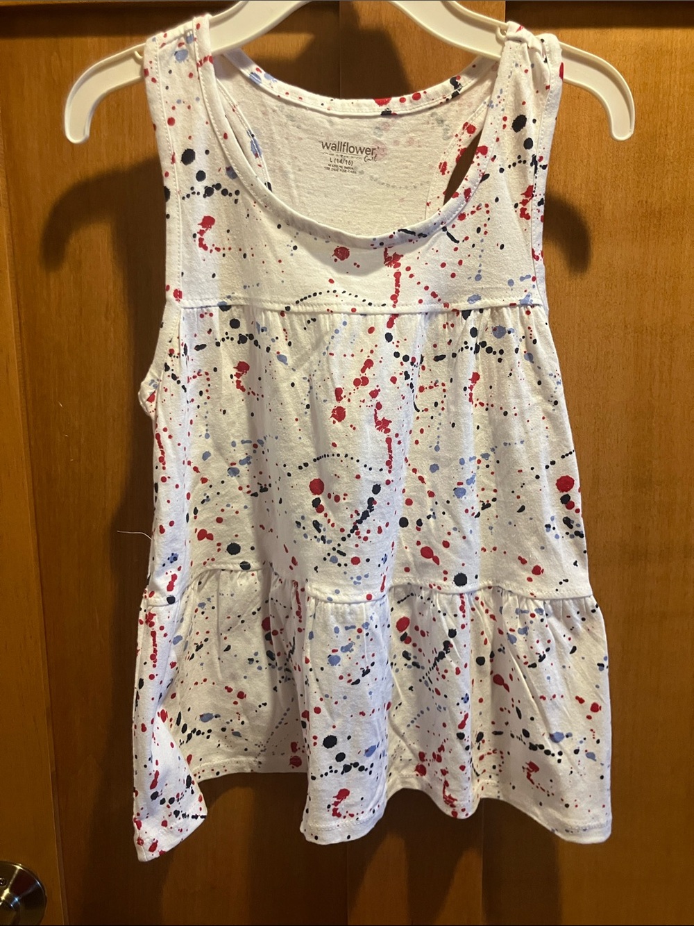 NWT Wallflower White Racerback Tank with Red & Blue Splatter Girls 14/16